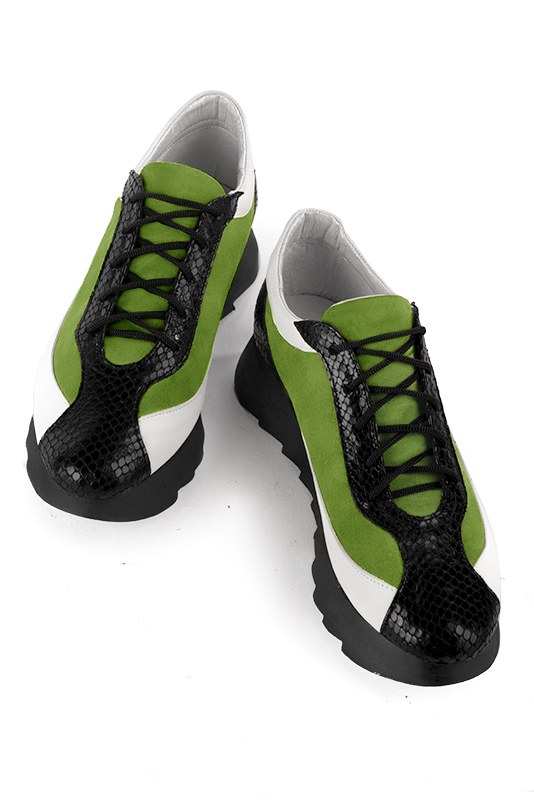 Satin black, grass green and off white women's elegant sneakers. Round toe. Low rubber soles. Top view - Florence KOOIJMAN